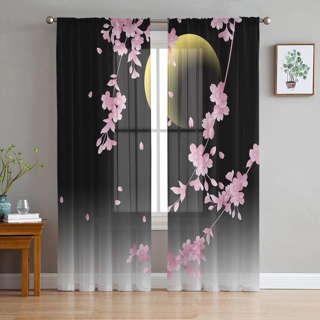 Yiran Furniture Transparenter Tüllvorhang mit japanischem Blumenmuster aus Organza, Schwarz, Breite: 135 cm, Höhe: 115 cm - Bild 1