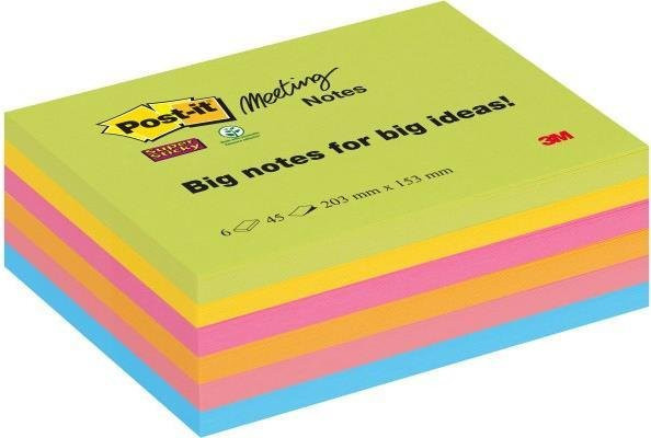 Post-it Super Sticky Meeting Notes Haftnotizen Mehrfarbig, 6 Blöcke à 45 Blatt, B: 20,3 cm, H: 15,2 cm - Bild 1