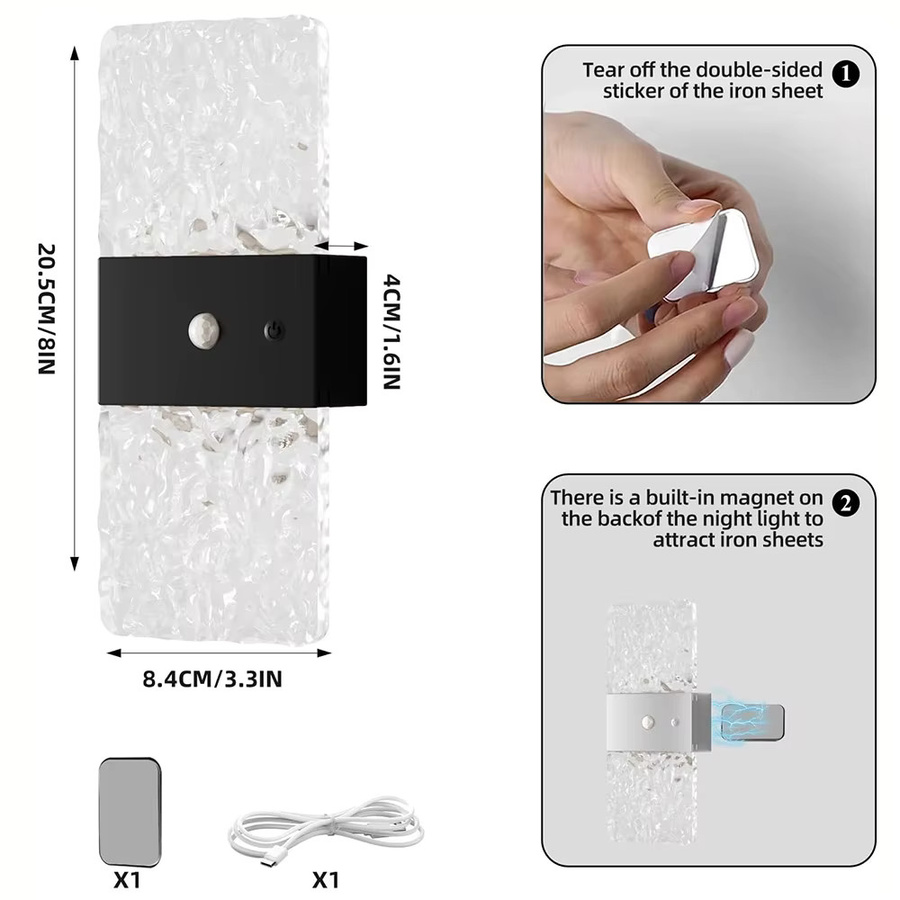 UMEXUS 2er Set Kabellose LED Wandleuchten mit Touch-Steuerung und USB-Akku, Rechteckige Wandlampe aus Holz und Glas in Up-Down-Beleuchtung - Bild 6