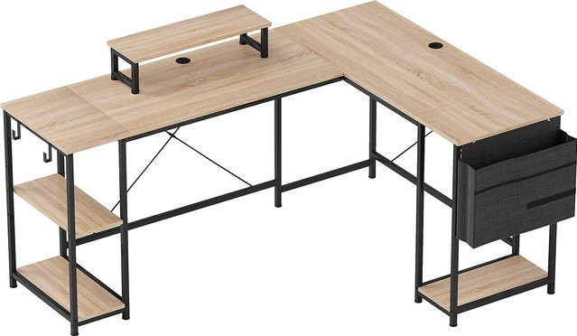 HOMCOM Eckschreibtisch L-Form in Naturholz mit Regal, Monitorständer und Haken, umkehrbarer Gaming-Tisch für Büro und Schlafzimmer, B/T/H: 168 x 120 x 90 cm - Bild 1