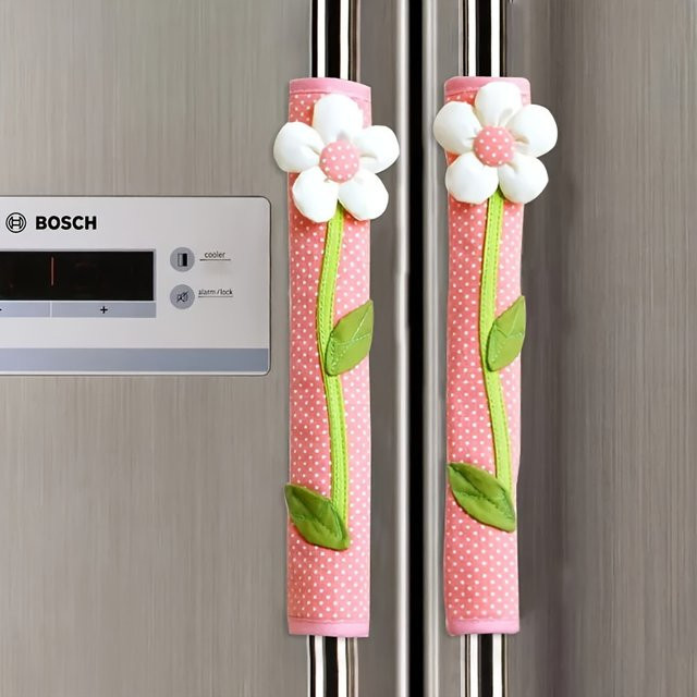 2 Stück DIY handgemachte Blumen Kühlschrank Griffabdeckungen in Pink als Staubschutzhülle für Kühlschrank und Ofen - Bild 1