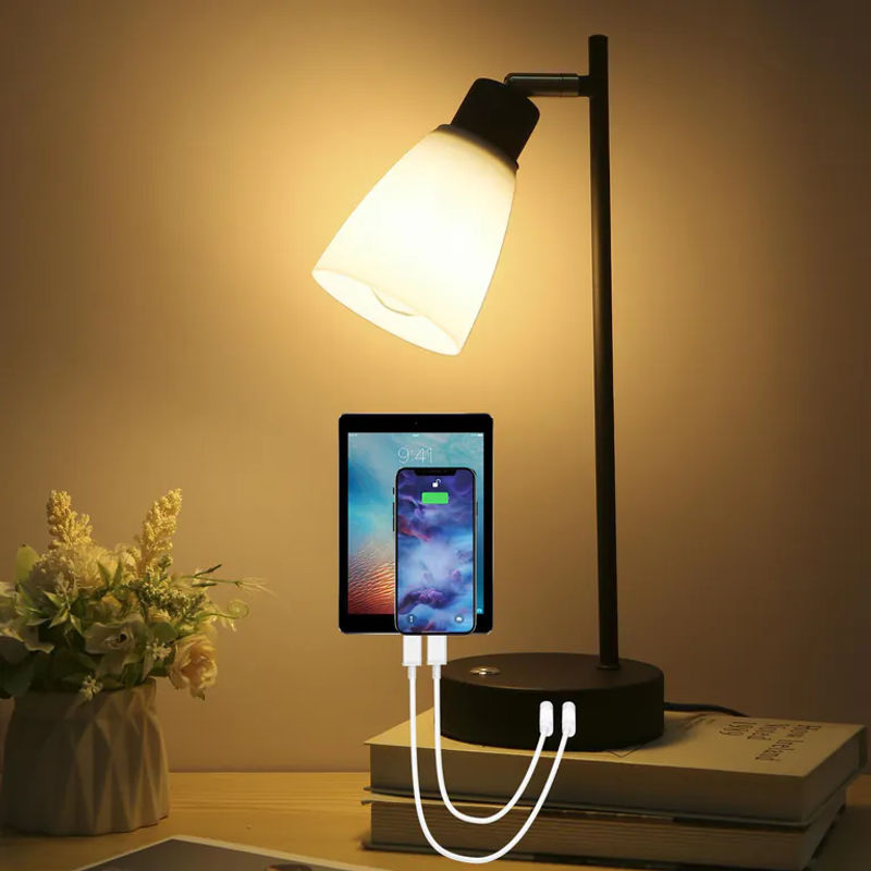 Shineslay Industrie-Tischleuchte aus Metall mit LED, stufenlos dimmbar, Touch-Steuerung, USB- und Typ-C-Ladeanschluss, Farbe: Schwarz/Weiß - Bild 5