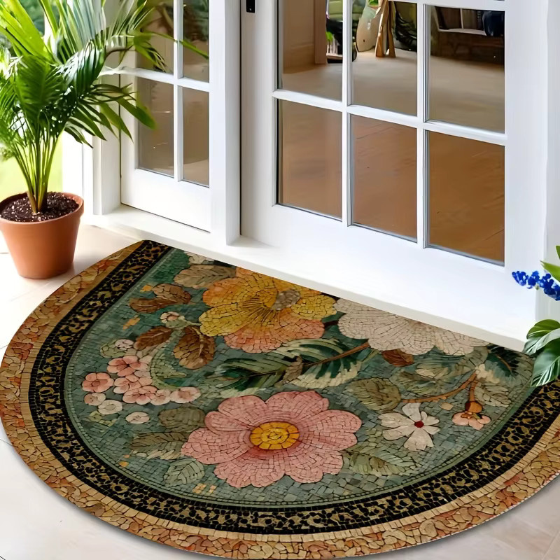 VIKAMA Retro Floral Halbrunde Eingangstürmatte, Rutschfest und Maschinenwaschbar, Mehrfarbig, B: 60,0 cm, T: 40,0 cm - Bild 4