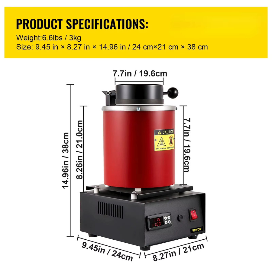 SIHAO Elektrischer Edelmetall-Schmelzofen mit Digitalanzeige für Gold, Silber, Kupfer und Aluminium, 3kg, B/T/H: 38,0 x 21,0 cm - Bild 6