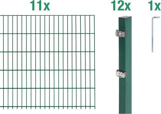 Metallzaun Doppelstabmatte Grund-Set aus Stahl, grün beschichtet, für die Bodenmontage, B/H: 2 m x 0,8 m, Gesamtlänge: 11 m - Bild 1