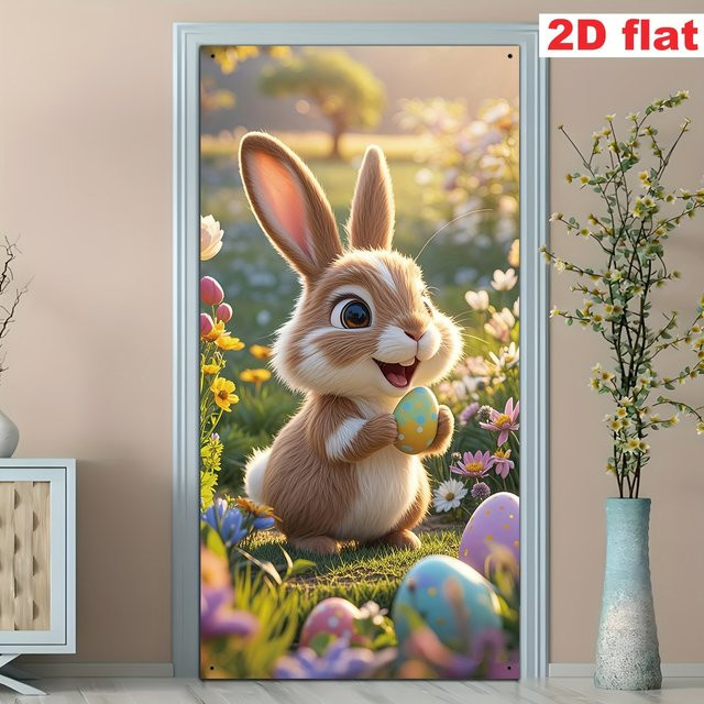 VIKAMA Ostern Wandteppich mit Cartoon Kaninchen als Türvorhang und Banner für Frühlings- und Partydekoration, Mehrfarbig - Bild 1