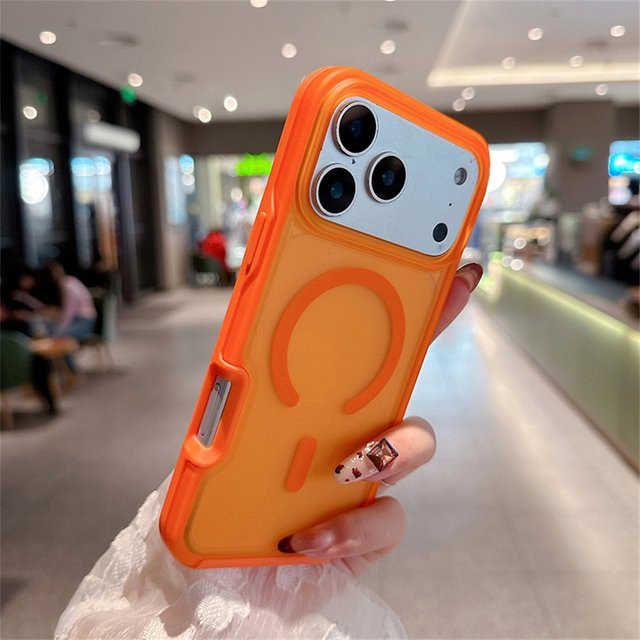 Matte transluzente OTT Schutzhülle mit magnetischer Ladung für iPhone 16 15 14 Plus in Blau und Orange - Bild 1
