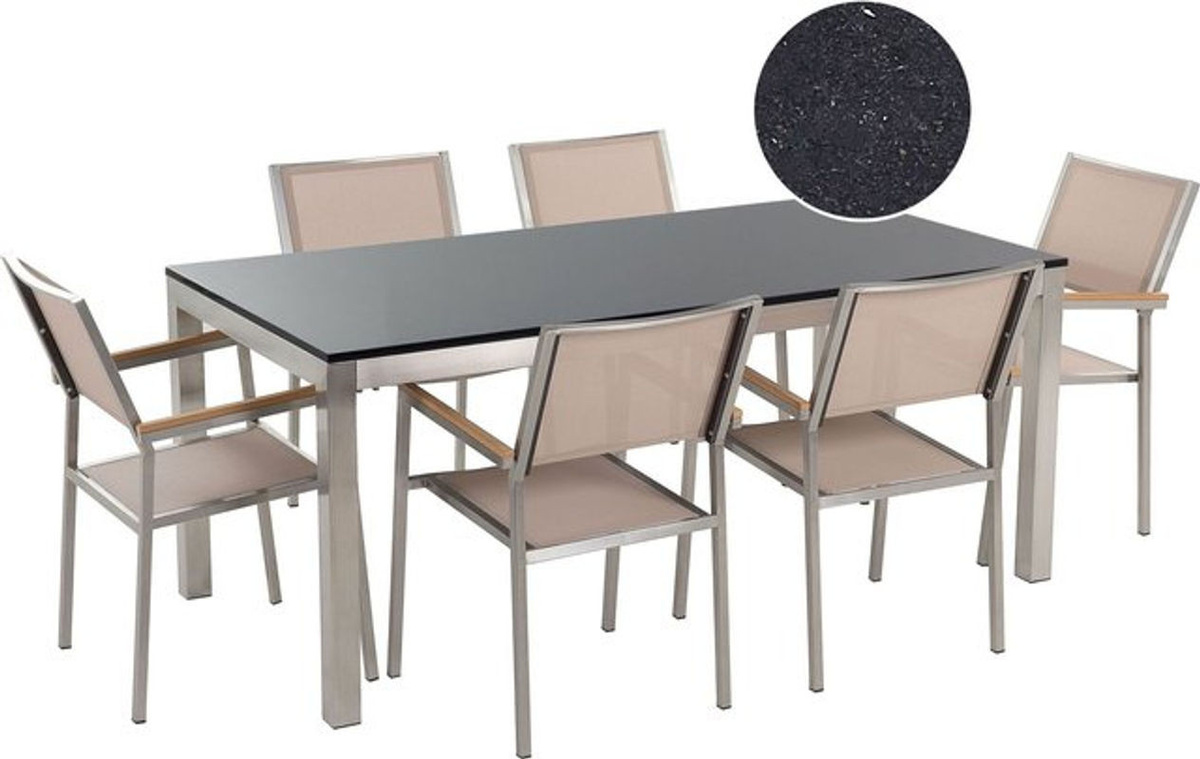 Modernes Gartenmöbel Set von BELIANI in Schwarz und Beige mit poliertem Edelstahl Tisch und 6 Stühlen für die Terrasse, Tischbreite: 180 cm - Bild 1