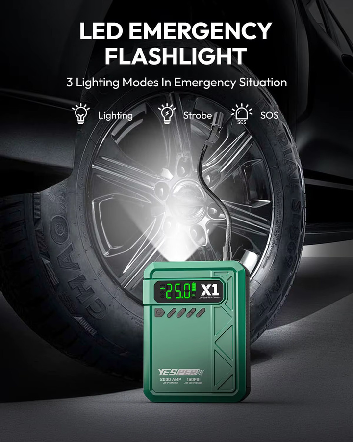 YESPER 2-in-1 Starthilfe und Luftkompressor 2000A, 150PSI tragbarer Notfall-Booster für 12V Auto, SUV und LKW, Farbe: Grün - Bild 6