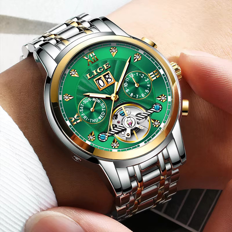 LIGE Armbanduhr Automatik, Edelstahl, Bicolor, Grün, Herren - Bild 5