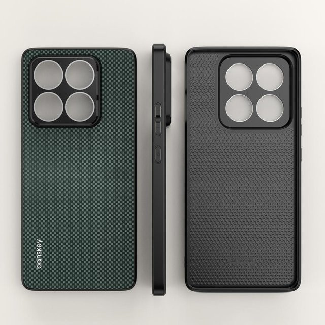 Stoßfeste Kunststoff-Schutzhülle mit Karbonfaser-Textur und Glaslinsenschutz für Xiaomi 14 Pro, 14T Pro Ultra und Xiaomi 14 in Schwarz - Bild 1