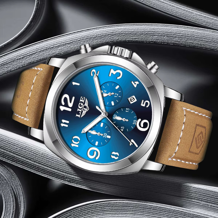 LIGE Chronograph, Quarz, Leder, Blau, Herren - Bild 4