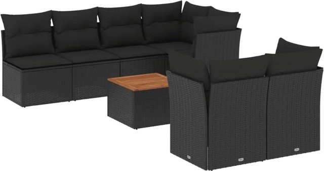 vidaXL 8-tlg Garten-Sofagarnitur in L-Form aus Polyrattan und Akazienholz mit Kissen, Schwarz - Bild 1
