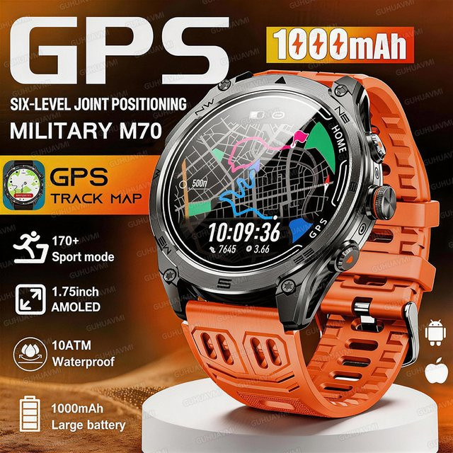 GUHUAVMI Smartwatch, GPS, 10 ATM, Silikon, Orange, Herren - Bild 1