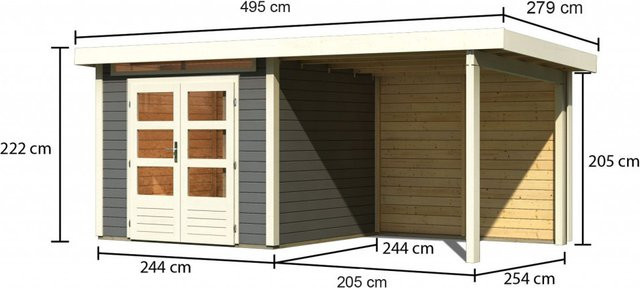 Gartenhaus Holz KANDERN 3 Flachdachhaus in Terragrau mit Anbaudach und Rückwand, B/T: 244 x 244 cm, Wandstärke: 28 mm - Bild 1