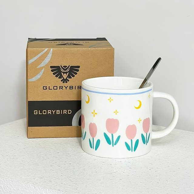 Yiran toy 1 Keramiktasse Tulpen-Design mit Deckel und Löffel, Weiß, 350 ml - Bild 1