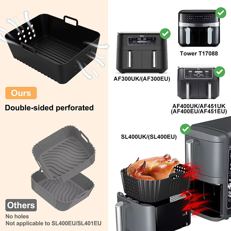 2 Stück Antihaft Silikon Luftfritteusen Einlagen für Ninja Double Stack XL 9,5L Heißluftfritteuse, Schwarz - Bild 3