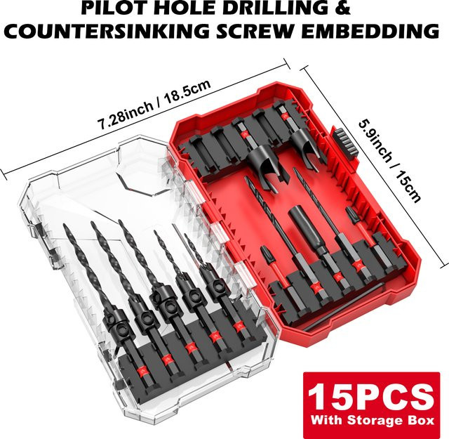 EZARC 15-teiliges Senkbohrer-Set mit konischen Holzbohrern, Phillips-Schraubendreher-Bits und Verlängerungsstange - Bild 1