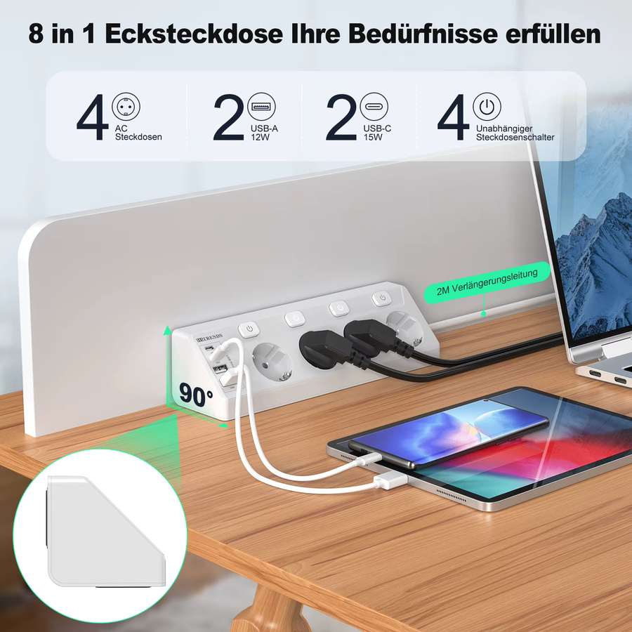 HITRENDS Desktop-Steckdosenleiste mit Überspannungsschutz, USB-A-Anschluss und 2 m Verlängerungskabel, Weiß - Bild 1