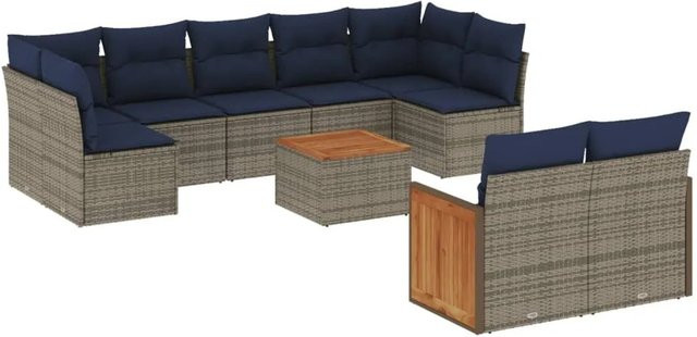 vidaXL 10-tlg. Gartensofa-Set aus Polyrattan in Grau mit Kissen und Couchtisch für Garten und Terrasse - Bild 1