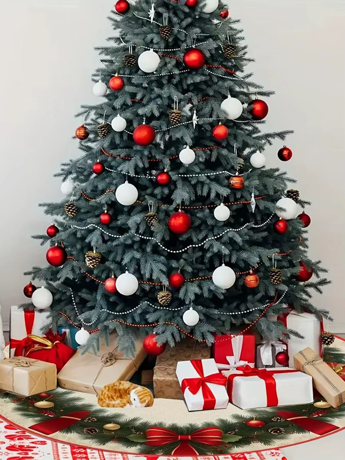VIKAMA Weihnachtsbaumrock in Rot mit floralem Muster und Schleife zur Weihnachtsdekoration - Bild 5