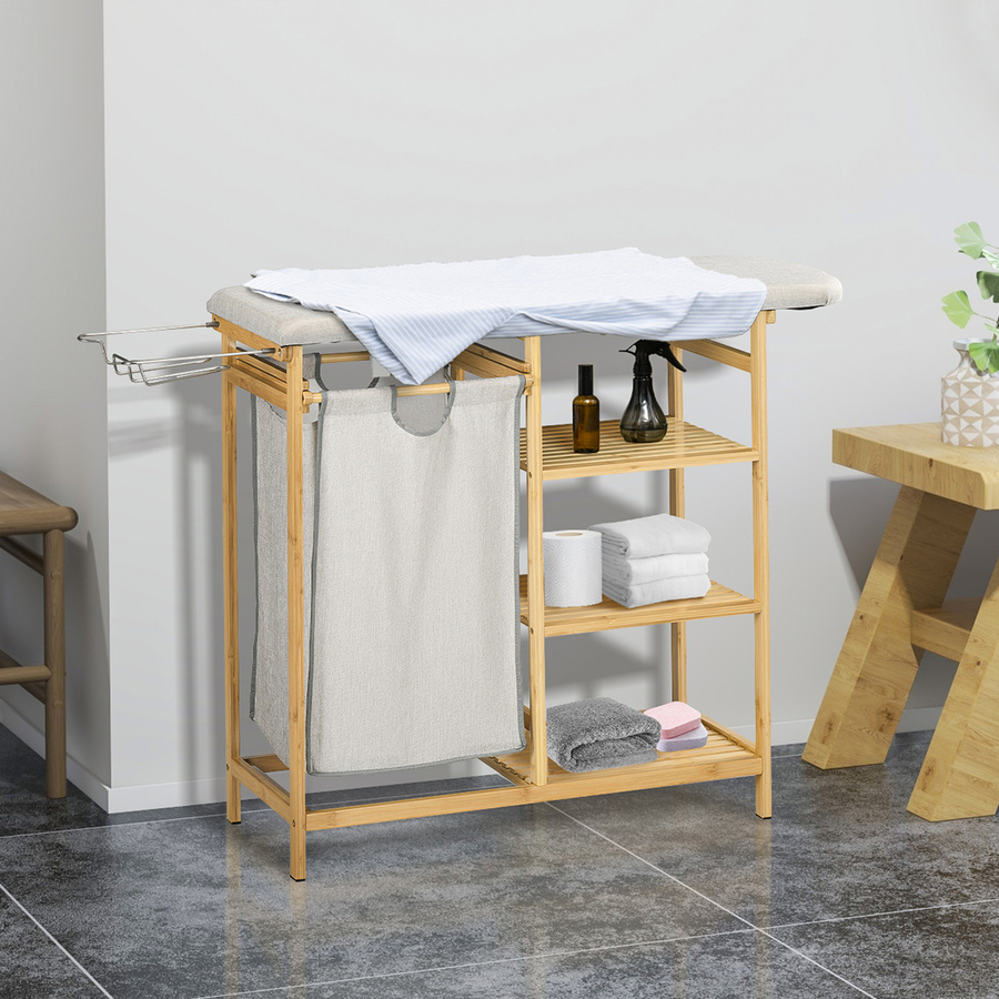 HOMCOM Wäschekorb mit Bügelbrett und Bügeleisen, Wäschesammler mit 3-Ebenen-Regal und abnehmbarer Tasche, 57,4 l, Grau/Beige - Bild 2