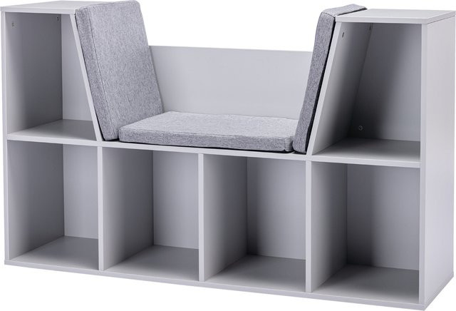 HOMCOM Kinderregal mit Sitzhocker und Sitztruhe in Grau, Bücherregal mit 6 Fächern und 3 Kissen, Spielzeugkiste für Kinder, B/T/H: 103 x 30 x 62 cm - Bild 1
