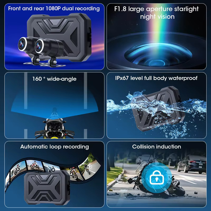 JMCQ Motorrad Dash Cam mit WiFi und wasserdichter Video Recorder in Black - Bild 2