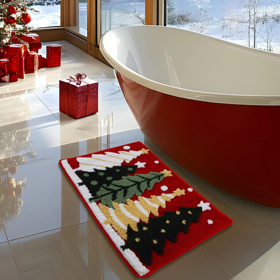 VIKAMA Weihnachtsbaum Badezimmerteppich mit Schneeflocken-Design, rot, rutschfest und waschbar, B/T: 60 x 40 cm - Bild 4