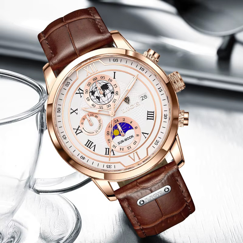LIGE Armbanduhr Chronograph, Quarz, Edelstahl, Leder, Herren - Bild 2