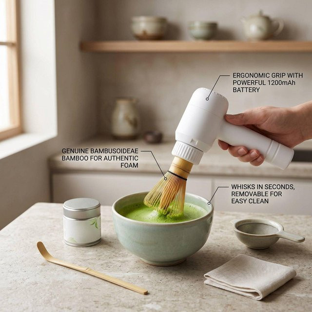 Elektrischer Matcha-Schneebesen Fishine Wiederaufladbarer Hand-Matcha-Aufschäumer und Pulvermixer-Set in Grau - Bild 1