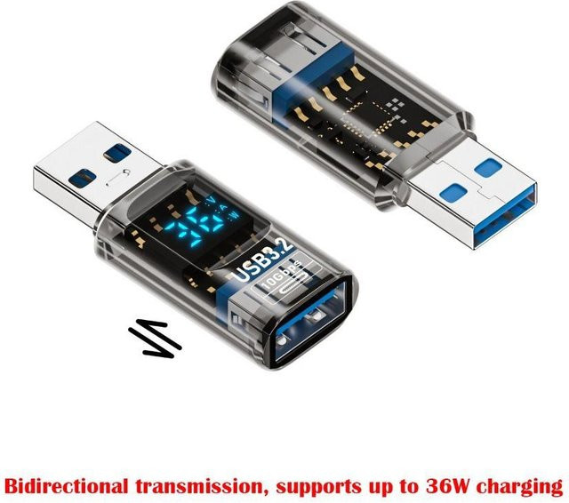 VTyodasa USB 3.2 Adapter mit digitaler LED-Anzeige, USB-C auf USB-A Verlängerung, transparent - Bild 1
