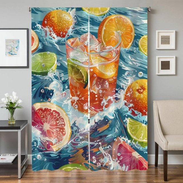 2er-Set Verdunkelungsvorhänge mit Frucht-Motiv für Wohnzimmer, Küche und Schlafzimmer, Mehrfarbig, Breite: 50 cm, Höhe: 70 cm - Bild 1