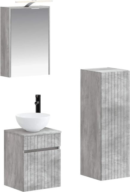 vidaXL Badezimmermöbel-Set 4-teilig modern in Betongrau mit Waschtischunterschrank, Spiegelschrank und LED-Beleuchtung aus Holz und Glas - Bild 1