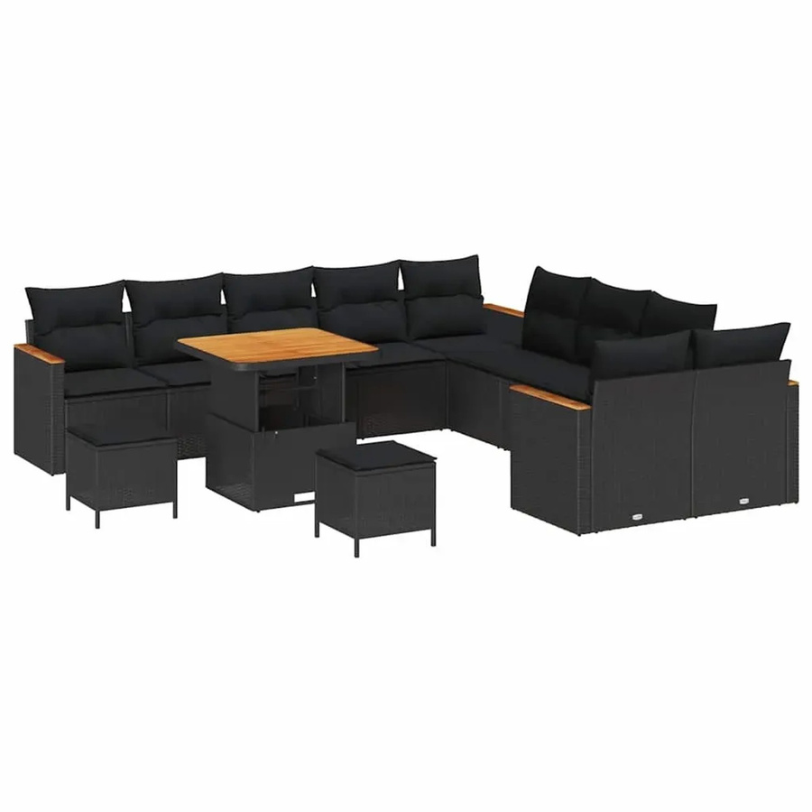 vidaXL 13-teiliges Garten-Sofaset aus schwarzem Poly Rattan und Akazie mit UV-beständigen Kissen und pulverbeschichtetem Stahlgestell - Bild 2