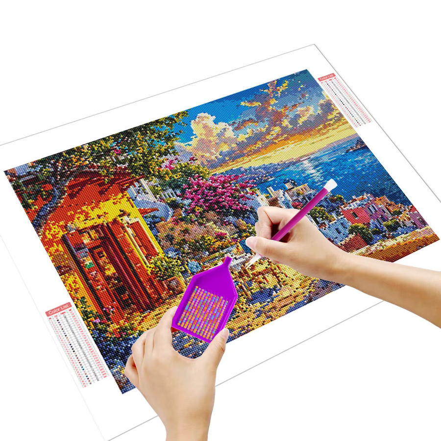 Huacan 5D-Diamantgemälde Set Mediterranean Landschaft mit Meer und Sonnenuntergang, Multicolour, Round - Bild 2