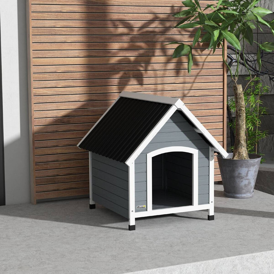PawHut Hundehütte aus Tannenholz und Kunststoff in Grau mit Asphaltdach und herausnehmbarem Boden, B: 88 cm, H: 82 cm, T: 75 cm - Bild 3