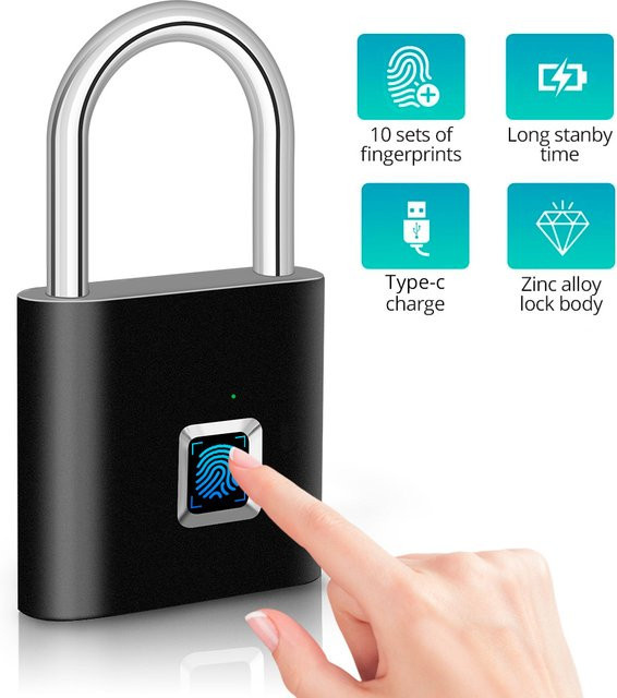 KERUI Intelligentes Fingerabdruck-Vorhängeschloss aus Zinklegierung, wasserdichtes biometrisches Türschloss mit Akku, Farben: Silber oder Schwarz - Bild 1