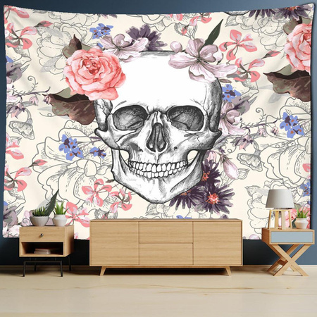 Psychodelische Wandtapisserie von Super Six mit Totenkopf, Sensenmann und Hippie-Hexe im abstrakten Bohemian-Stil, mehrfarbig, B/H: 95 x 70 cm