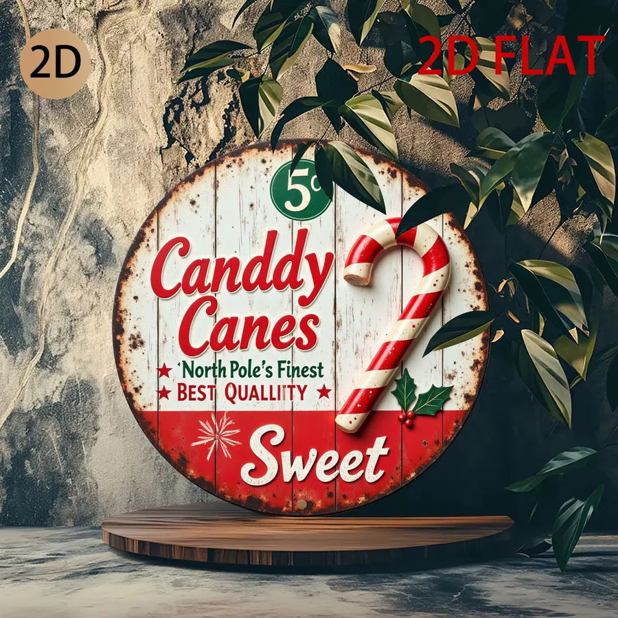 Vintage Candy Cane Metall-Wandkunst von Potdemiel – Kreisförmiges Blechschild mit rot-weißen Streifen und Holly-Akzenten für Weihnachten, Durchmesser: 20 cm - Bild 3
