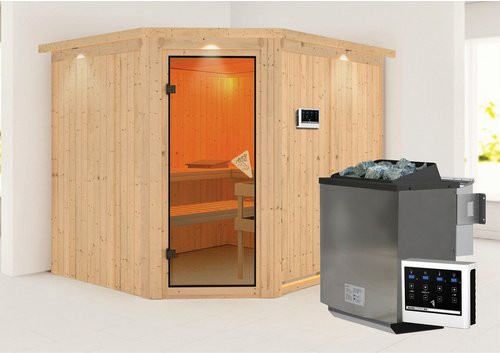 Karibu Sauna Haaspsalu Bio-Kombi-Sauna für 4 Personen in Beige mit 9 kW Saunaofen und externer Steuerung, B/T/H: 245 x 210 x 202 cm - Bild 1