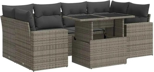 vidaXL 7-teilige Garten-Sofagarnitur in L-Form aus grauem Poly-Rattan mit Kissen und pulverbeschichtetem Stahlgestell - Bild 1