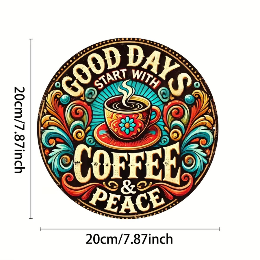 Potdemiel Vintage-Metallwandkunst Coffee & Peace, runder Retro-Kranzdekor mit Kaffeetassen-Design und floralem Muster, Mehrfarbig, Durchmesser: 20,3 cm - Bild 2