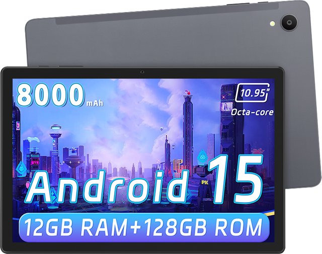 ANRY Tablet Android 15 mit 10,95 Zoll Display, 12 GB RAM, 128 GB Speicher, T606 8-Core Prozessor und 8000 mAh Akku, Schwarz - Bild 1