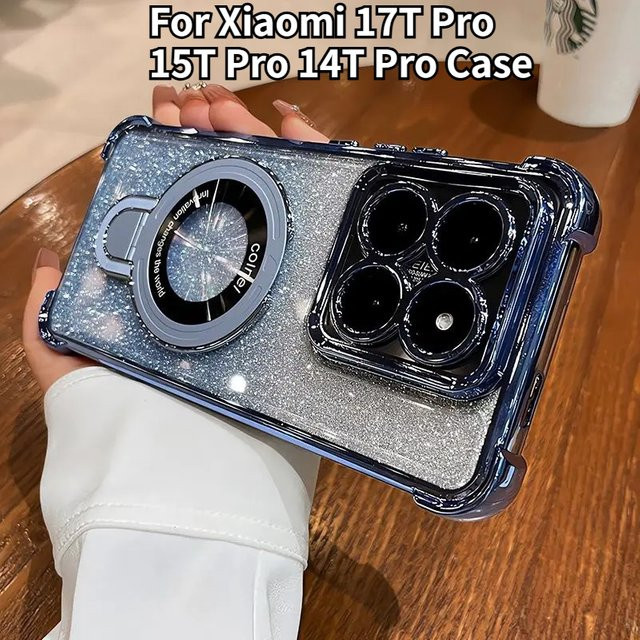 Stoßfeste galvanisierte Glitzer-Magnet-Hülle für Xiaomi 17T Pro, 15T Pro und 14T mit Ringständer und Farbverlauf in Multicolour und Blau - Bild 1