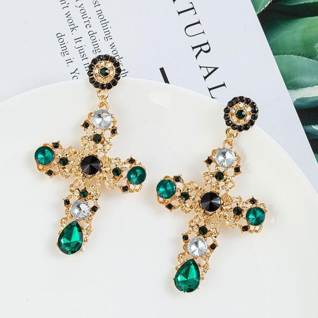 YIRAN Jewelry Hängeohrringe, Kreuz, Schwarz, Rosa, Kristall, Damen - Bild 1