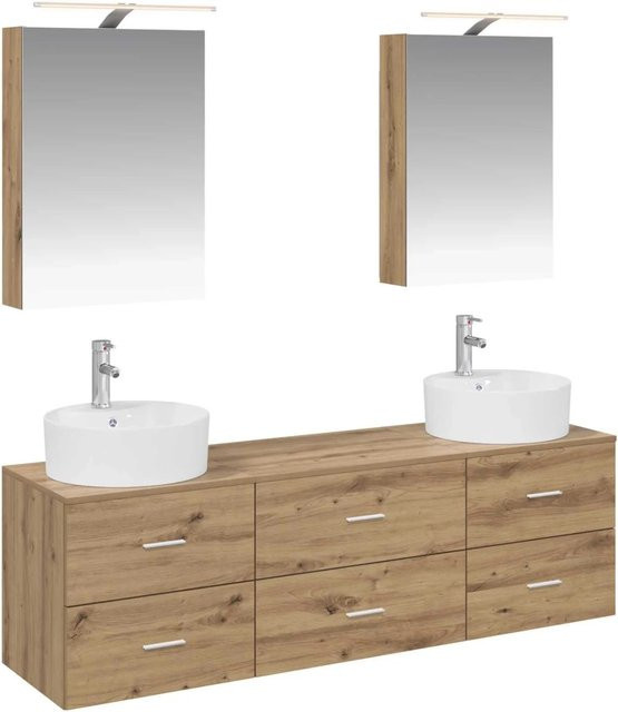 vidaXL Badezimmermöbel-Set 5-teilig in Artisan-Eiche mit Glas, Spiegelschrank, Wandschrank und Waschtischunterschrank, Braun, Modern - Bild 1