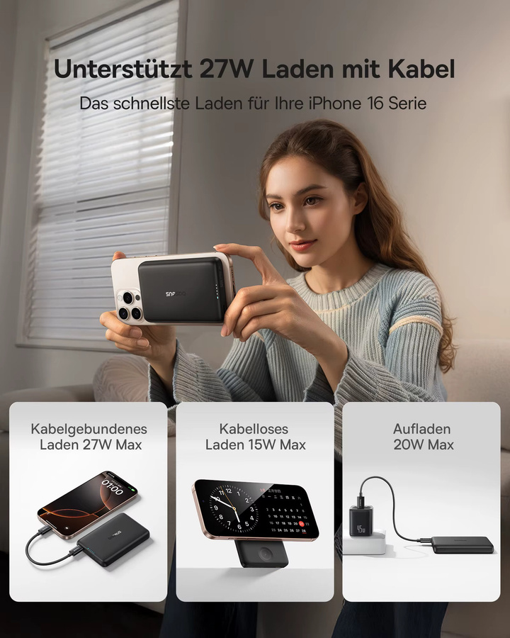 Baseus Magnetische Powerbank 10000mAh mit 27W Schnellladefunktion und 15W kabellosem Laden, Schwarz - Bild 3