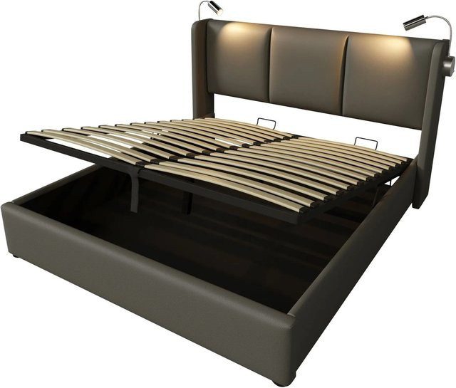 okwish Polsterbett Grau mit Stauraum, USB-Anschluss und Leselampe, B/T/H: 160 x 200 x 107 cm - Bild 1
