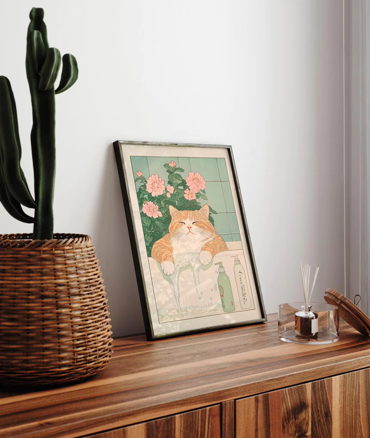 Ukiyo-e Katzendruck mit lustiger Ingwerkatze in der Badewanne, japanisches Wandposter im Retro-Stil, mehrfarbiges Tierporträt für deine Heimdekoration - Bild 3